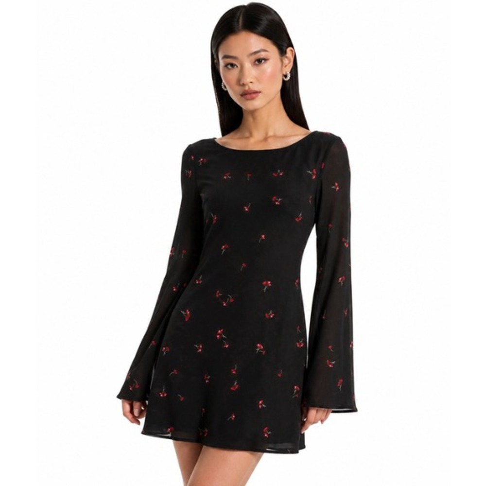 Z Supply Campbell Rio Floral Mini Dress Black Red Embroidered Long Sleeve Size L